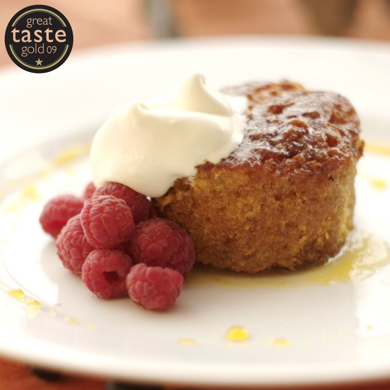 Golden Syrup Puddings with Raspberries Burtree Puddings Great Taste Award